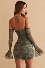 aslı uzun kol panelli mini elbise Oh Polly kadınlar 8046V321 elbiseler zeytin baskı - Görsel 2