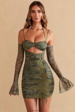 aslı uzun kol panelli mini elbise Oh Polly kadınlar 8046V321 elbiseler zeytin baskı