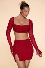 Belle Ile High Waist Thigh Split Mini Skirt Oh Polly kadınlar 8046V783 etekler kırmızı - Görsel 6