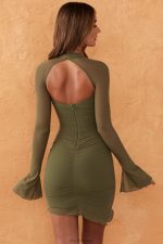 beyza dekolteli uzun kollu mini elbise Oh Polly kadınlar 8046V324 elbiseler zeytin - Görsel 2