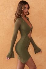 beyza dekolteli uzun kollu mini elbise Oh Polly kadınlar 8046V324 elbiseler zeytin - Görsel 3