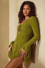 estelle uzun kollu bağcıklı mini elbise Oh Polly kadınlar 8046V56 elbiseler zeytin - Görsel 3