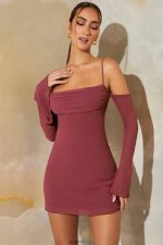 niari uzun kollu bardot mini elbise Oh Polly kadınlar 8046V150 elbiseler koyu leylak - Görsel 4