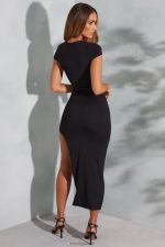 petra büzme detaylı kısa kol maxi elbise Oh Polly kadınlar 8046V246 elbiseler siyah - Görsel 2