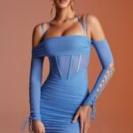 rayar bağcıklı uzun kollu korse mini elbise Oh Polly kadınlar 8046V166 elbiseler mavi