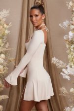 salome uzun kollu çapraz askılı mini elbise Oh Polly kadınlar 8046V273 elbiseler krem - Görsel 3
